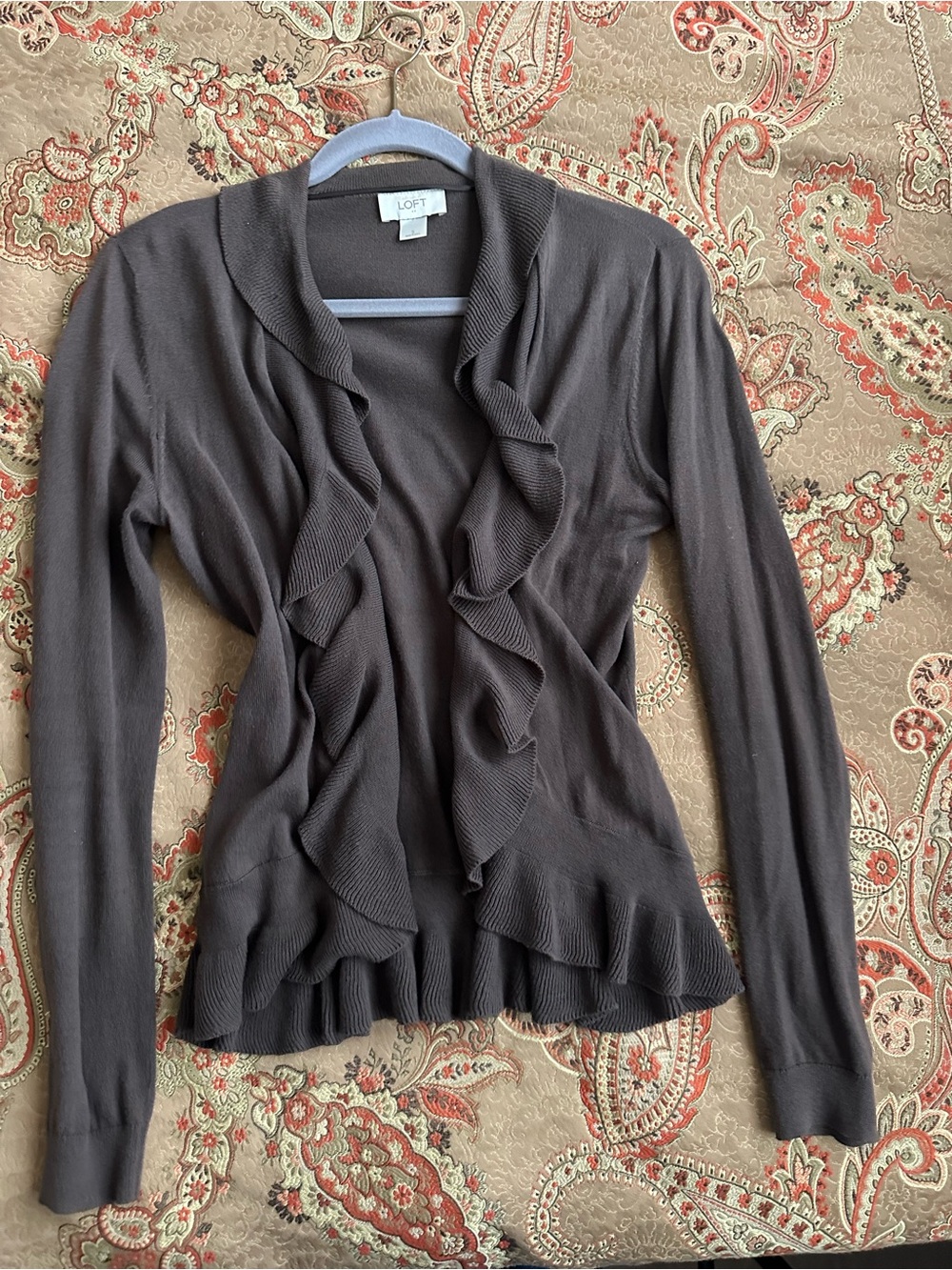 LOFT Brown Ruffle-Front Sweater Cardigan